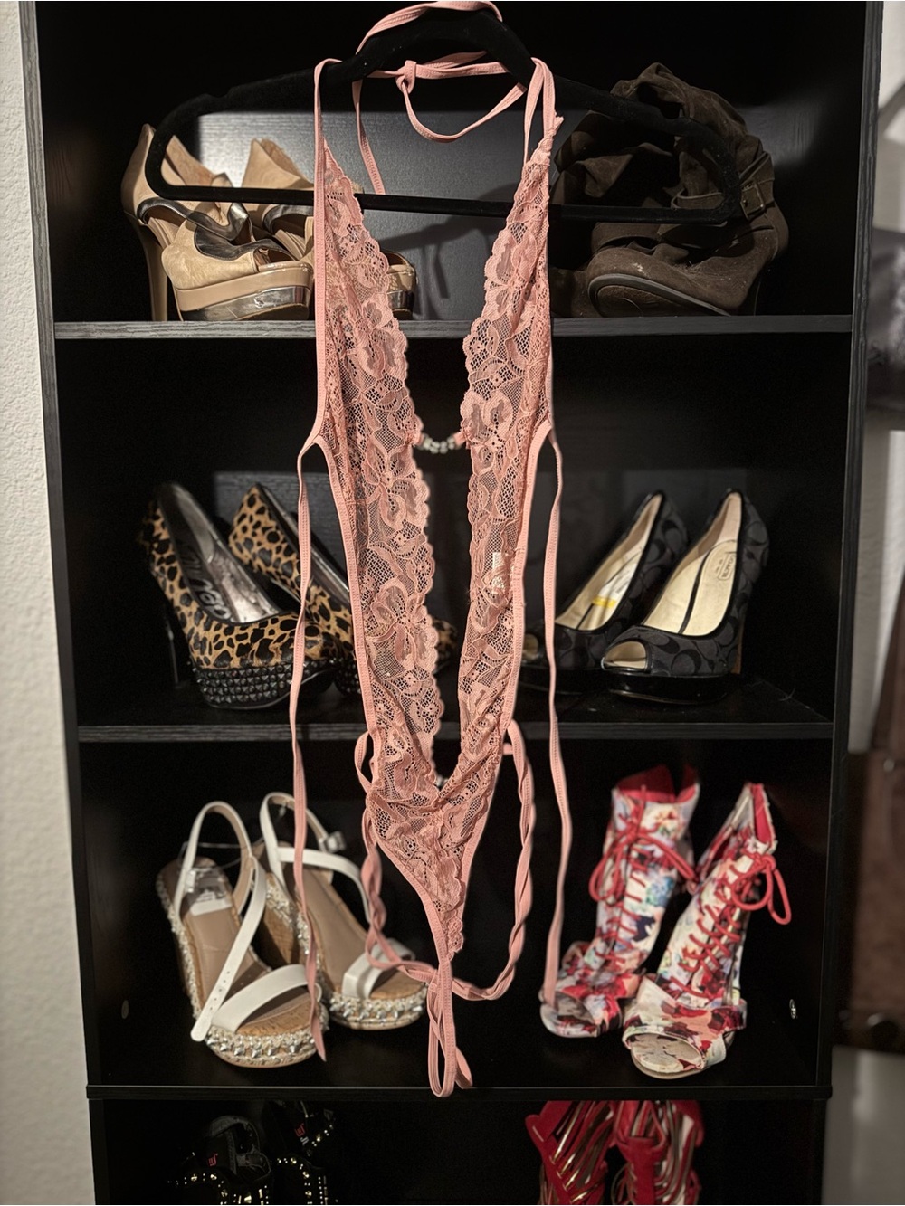 Sheer Pink Lace Halter Teddy